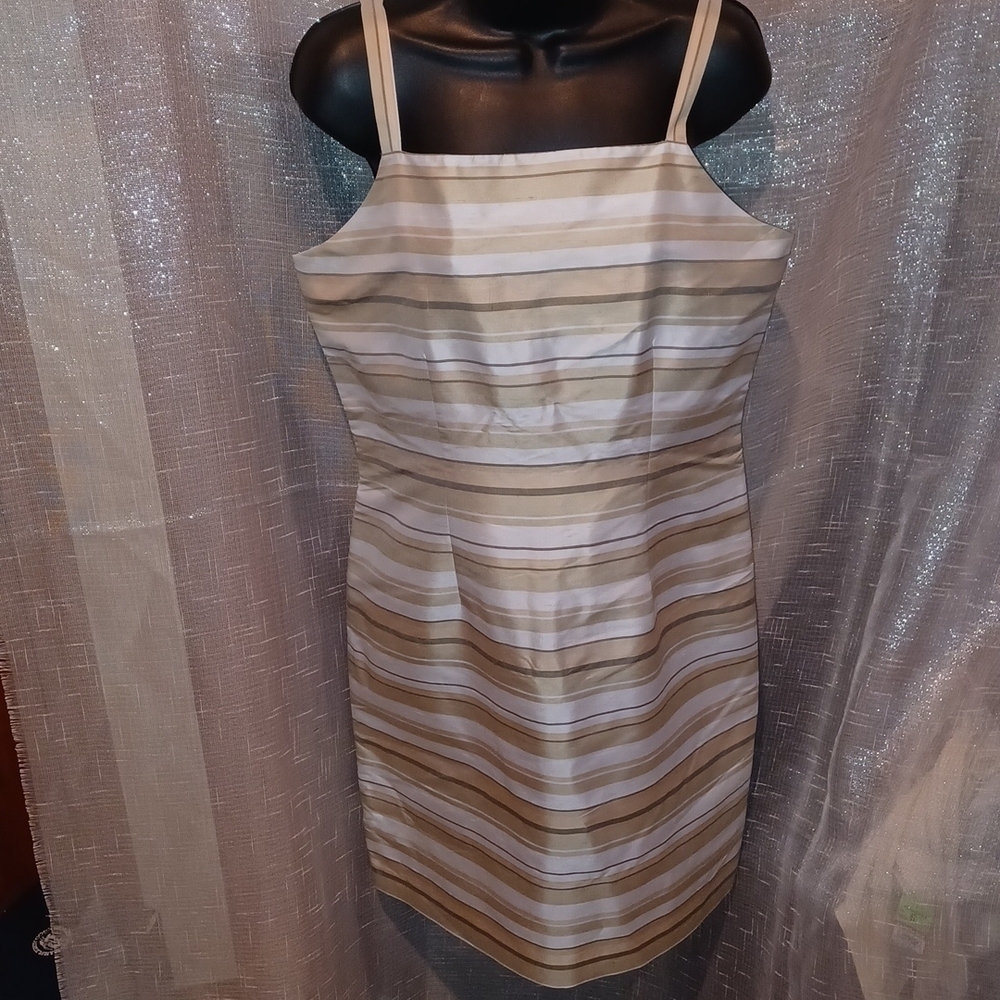 Casual Corner 100% Silk Dress, Pink, gold, tan,white striped fully lined